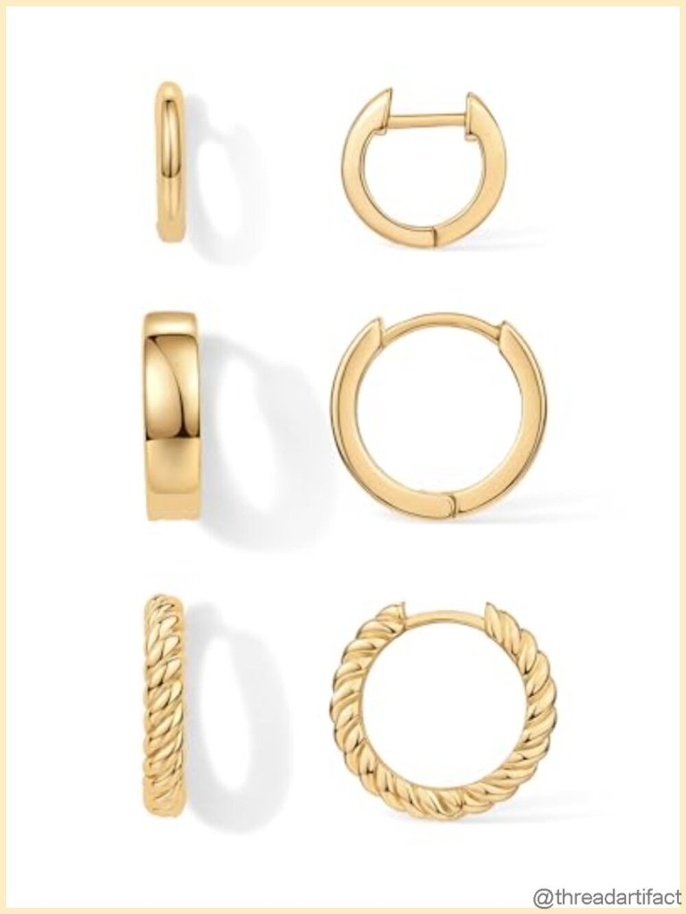 14K Gold Plated Hypoallergenic Huggie Hoop Earrings 3-Pair Set